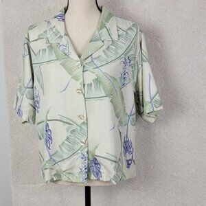 Tommy Bahama  Women's L 100% Silk Sage Green Coastal Floral Tropic Shirt al Camp
